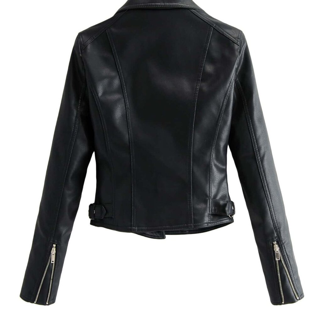 Black Casual Women's Zip Up Faux Leather Moto Jacket BIker - Picture 3 of 11
